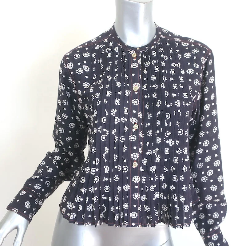 Isabel Marant Etoile Pleated Blouse Navy Floral Print Size 34 Long Sleeve Top Satin Drape Blouse