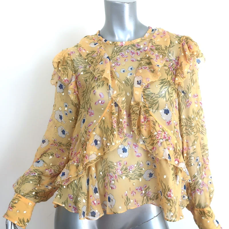 Isabel Marant Muster Ruffle Blouse Yellow Floral Print Size 40 Open-Back Top Stylish Wrap Blouse