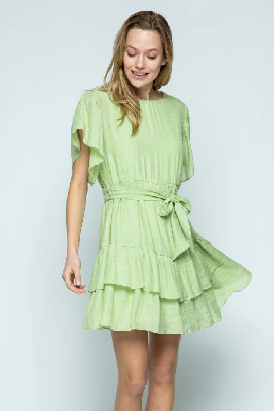 JADE LIME ROUND NECK RUFFLED SLEEVES AND HEM MINI DRESS MDR8251 Fashionable Mini Dress with Slits