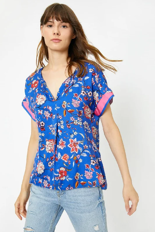 Women Blue Print Blouse Elegant Silk Blouse