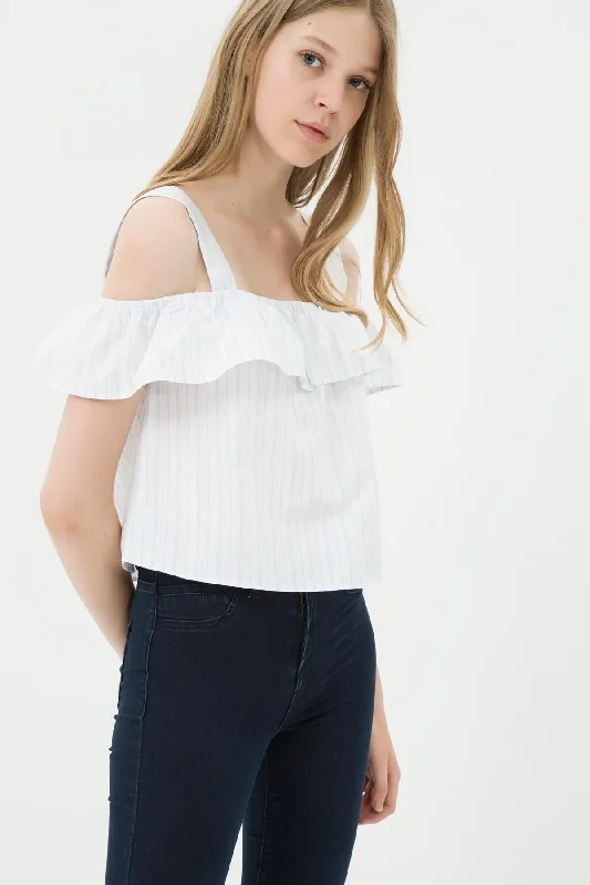 Women Blue Striped Blouse Embellished Collar Blouse