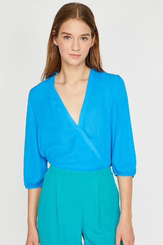 Women Blue V Collar Blouse High Neck Blouse