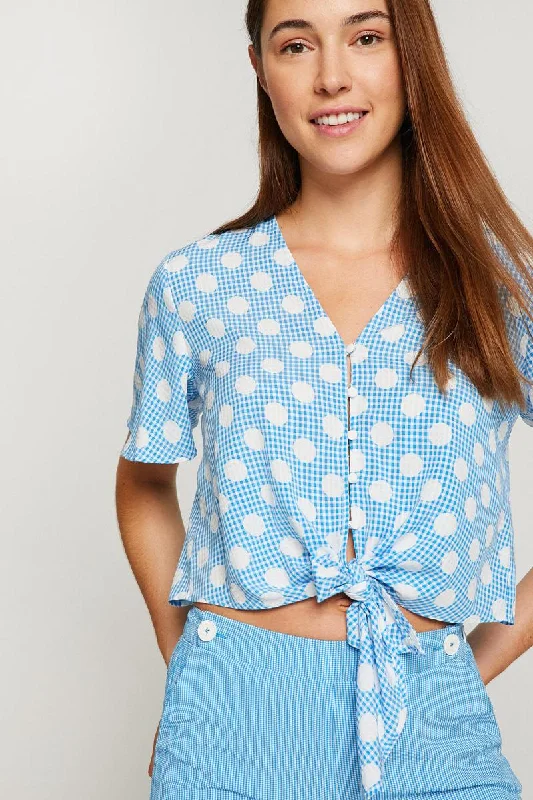 Women Blue V Collar Blouse Ruched Sleeve Blouse