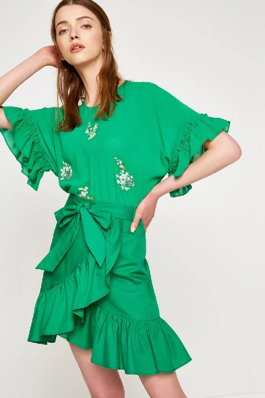 Women Green Blouses Satin Bow Blouse
