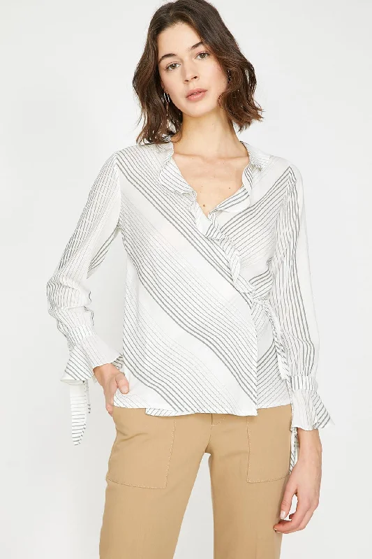 Women Green Striped Blouse Mandarin Collar Blouse