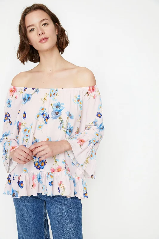 Women Pink Print Blouse Elegant Embroidery Blouse
