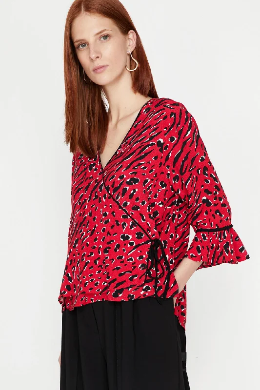 Women Red Blouse Off-Shoulder Wrap Blouse