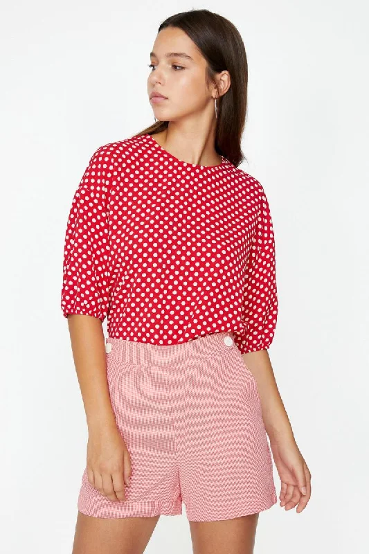 Women Red Print Blouse Classic Striped Blouse
