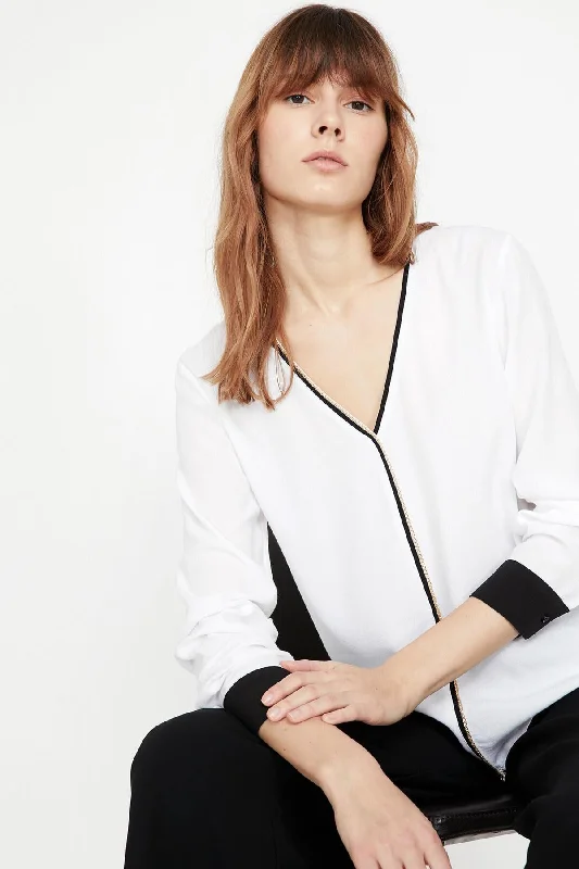 Women White Blouse Ruffled Neck Blouse