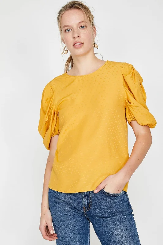 Women Yellow Print Blouse Elegant Semi-Sheer Blouse