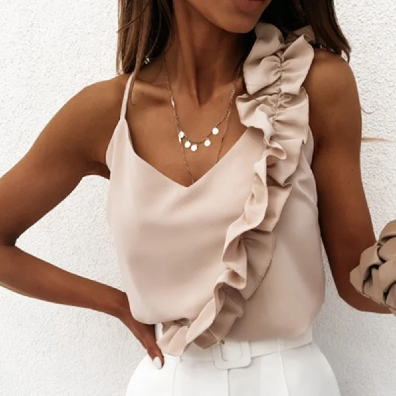 Laamei Blouse Shirts Sexy V Neck Ruffle Backless Spaghetti Airy Cotton Blouse