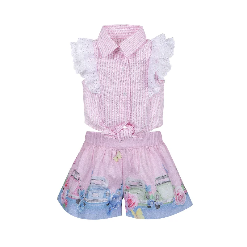 LAPIN HOUSE - Blouse & Car Short Set - Pink Playful Puff Blouse
