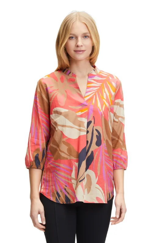 Leaf Print Tunic-Style Blouse Soft Knit Blouse