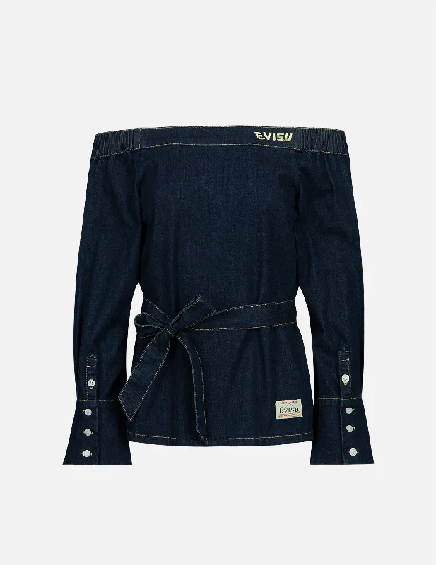 Logo Embroidery Off-Shoulder Denim Blouse Lightweight Linen Blouse