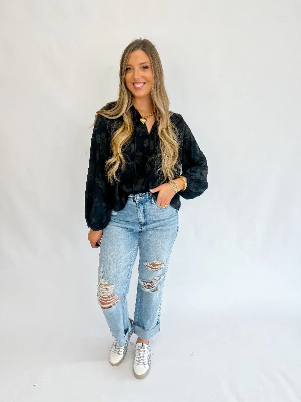Midnight Stroll Jacquard Texture Blouse Feminine Satin Blouse