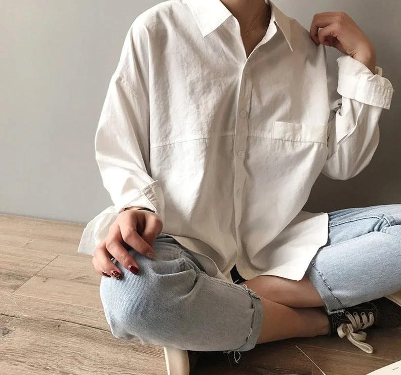 Minimalist Loose White Shirts for Women Turn-down Collar Solid Female Shirts Tops Spring Summer Blouses Smart Casual Blouse