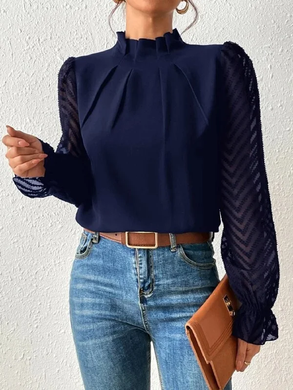 Mock Neck Flounce Sleeve Blouse Embellished Collar Blouse