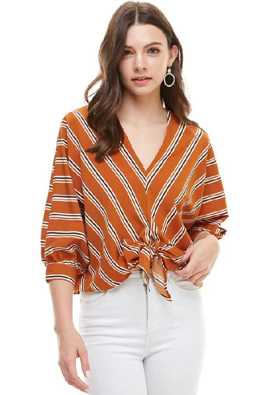 Multi Color Stripe V Neck Doman Sleeve Tie Front Blouse Vintage Lace Blouse