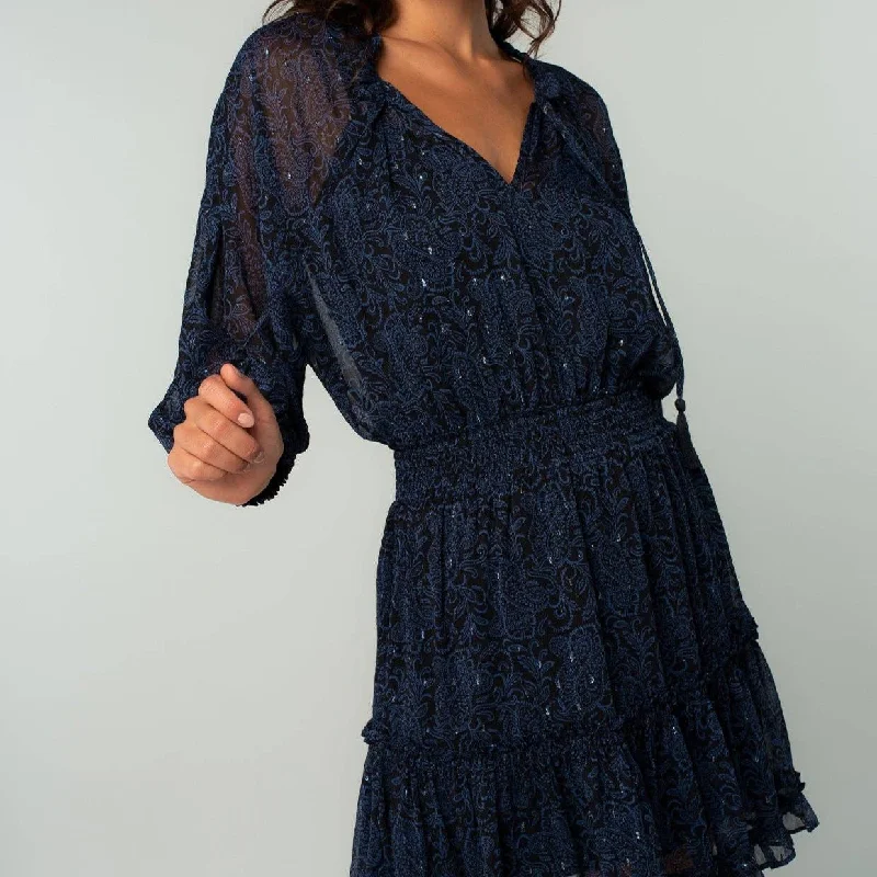 Paisley Dolman Sleeve Smocked Tiered Navy Mini Dress Cozy Wraparound Mini Dress