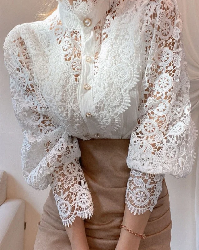 Petal Sleeve Stand Collar Hollow Out Flower Lace Patchwork Shirt Femme Blusas All-match Women Lace Blouse Button White Top Elegant Peplum Blouse