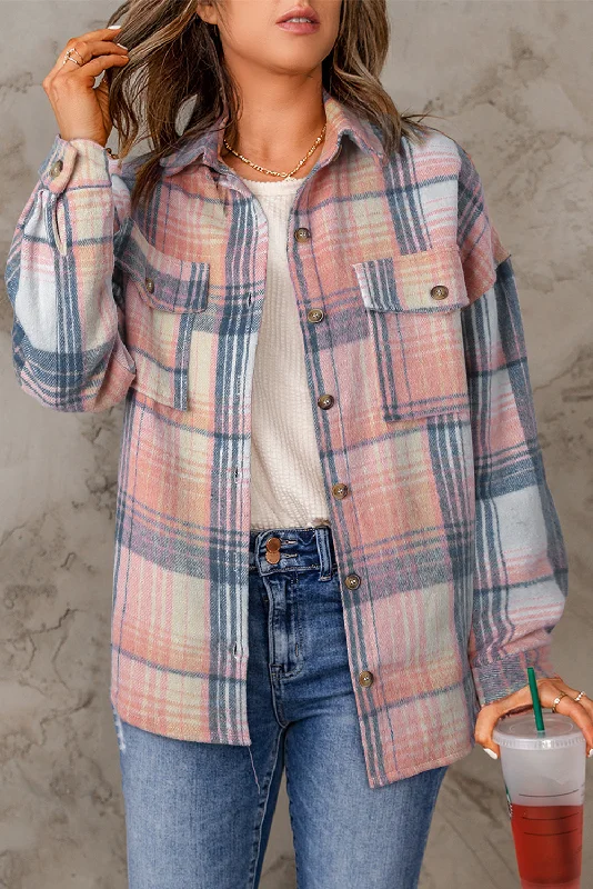 Pink Black Plaid Flap Pockets Shacket Soft Knit Blouse
