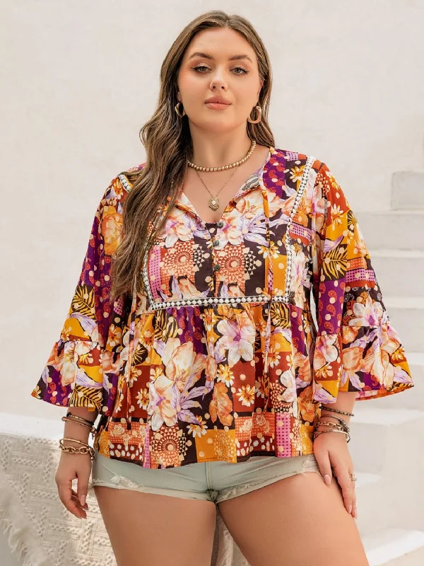 Plus Size Printed Tie Neck Blouse Bell Sleeve Blouse