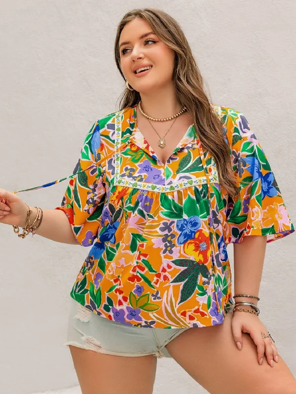 Plus Size Printed Tie Neck Half Sleeve Blouse Soft Satin Blouse