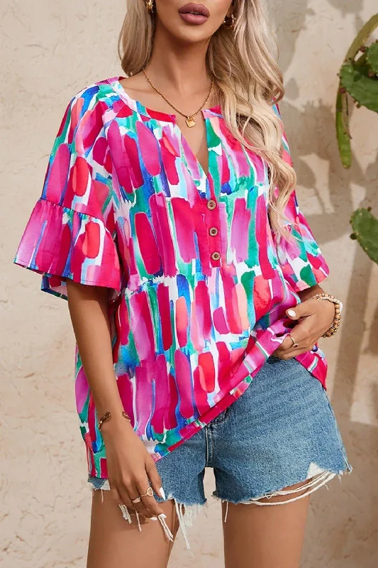 Printed Notched Half Sleeve Blouse with Stylish Notch Design Casual Stripe Blouse