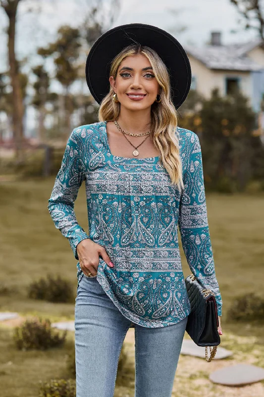 Printed Square Neck Long Sleeve Blouse Sleeveless Chiffon Blouse