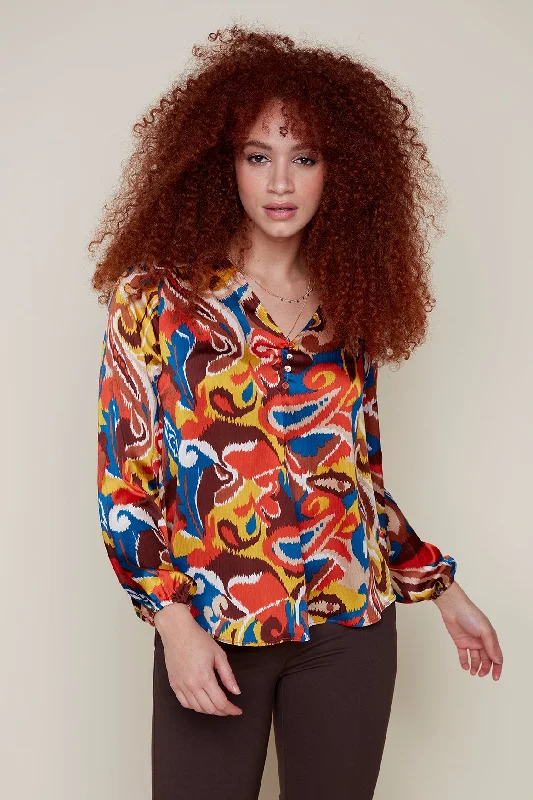 Printed V-Neck Longsleeve Blouse Chic Square Blouse
