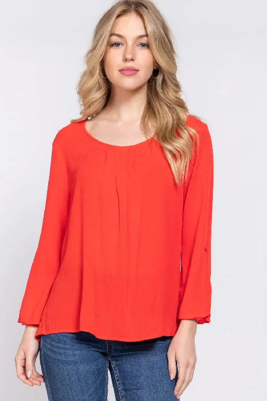 Roll Up Sleeve Pleated Blouse Classic Minimalist Blouse