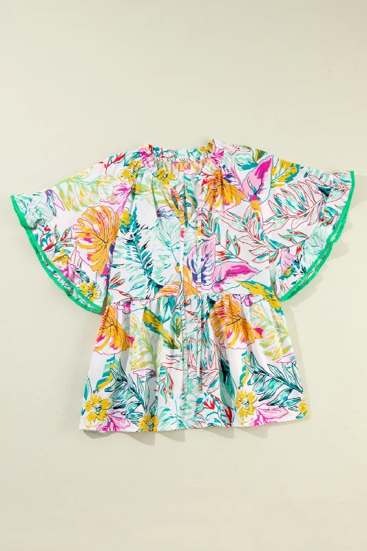 Ruffled Printed Tie Neck Blouse Pastel Color Blouse