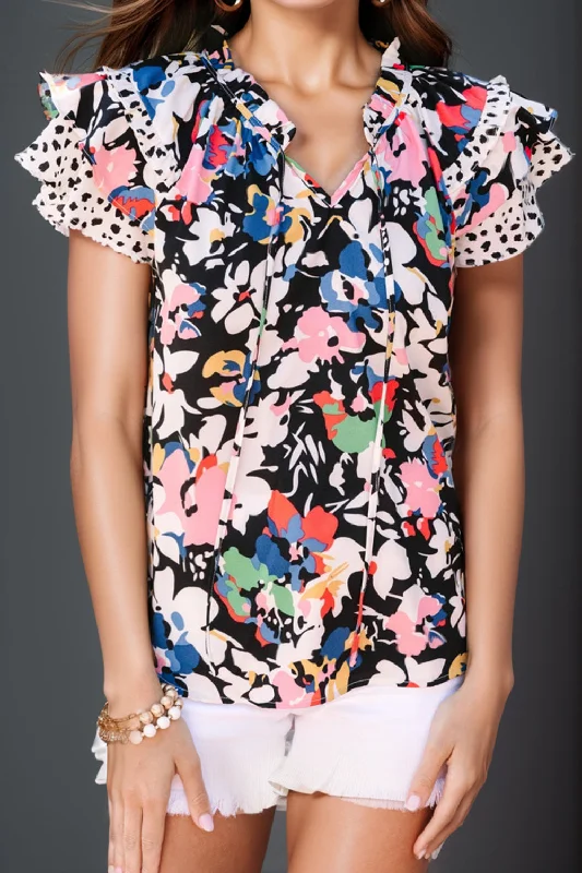 Ruffled Printed Tie Neck Cap Sleeve Blouse Slim Fit Blouse
