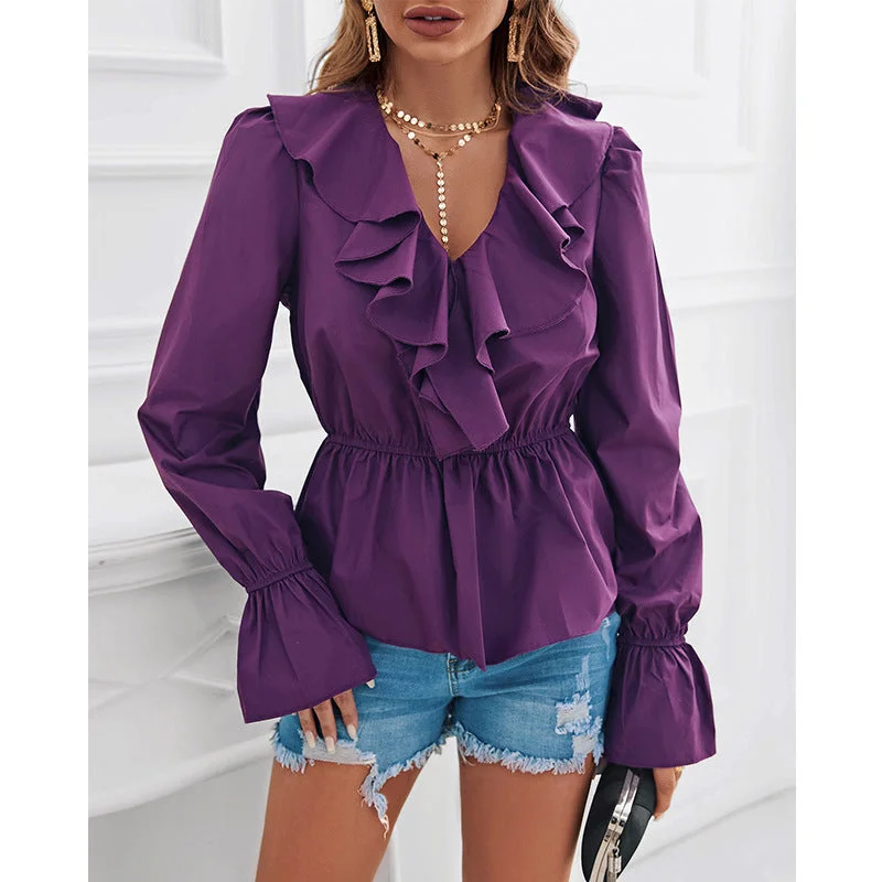 Ruffled V-neck Long-sleeved Bottoming Blouse Casual Relaxed Fit Blouse