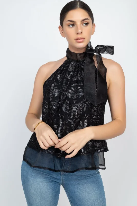 Semi Sheer Black Lace Design Blouse Embroidered Floral Blouse