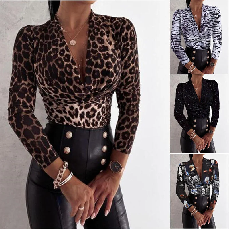 Long Sleeve V-neck Leopard Print Ladies Blouse Gathered Detail Blouse