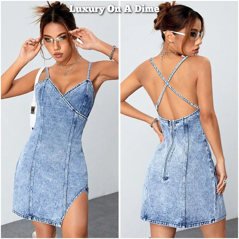 Retro Denim Mini Dress V-neck Sleeveless Open Cross Back Blue Jean Cutout High Slit Elegant Velvet Mini Dress Retro Denim Mini Dress V-neck Sleeveless Open Cross Back Blue Jean Cutout High Slit Elegant Velvet Mini Dress