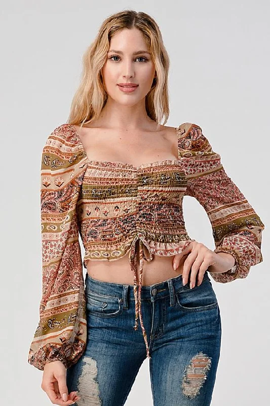 Smock Front Ruched Long Sleeve Peasant Blouse Top Chic Wrap Blouse