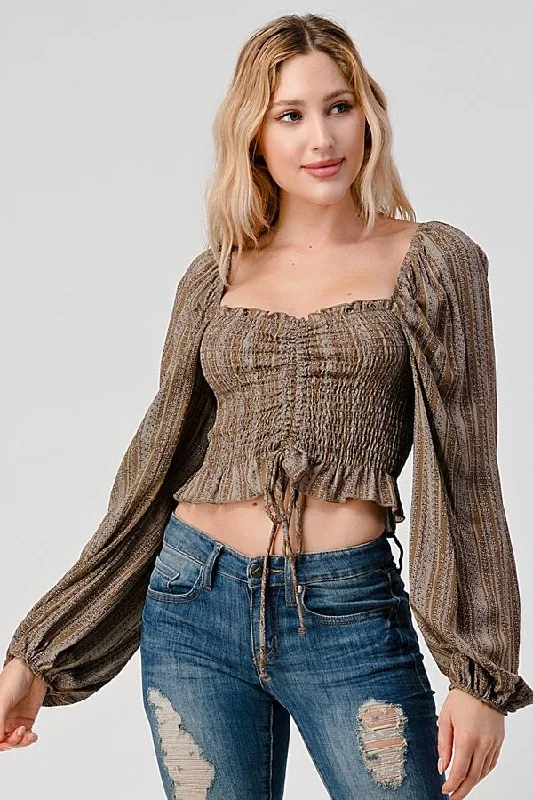 Smock Ruched Front Peasant Blouse Top With Ditsy Vintage Polka Blouse