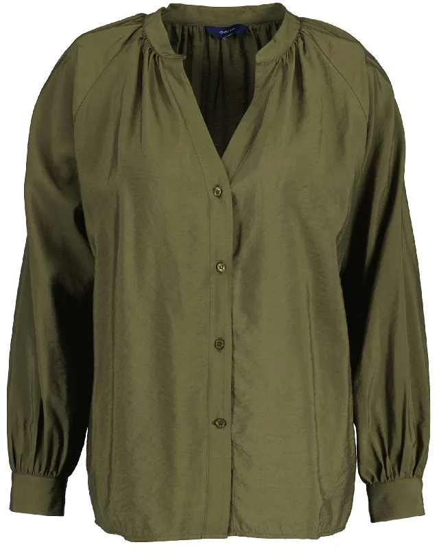 Stand Collar Blouse - Hunter Green Off-Shoulder Wrap Blouse