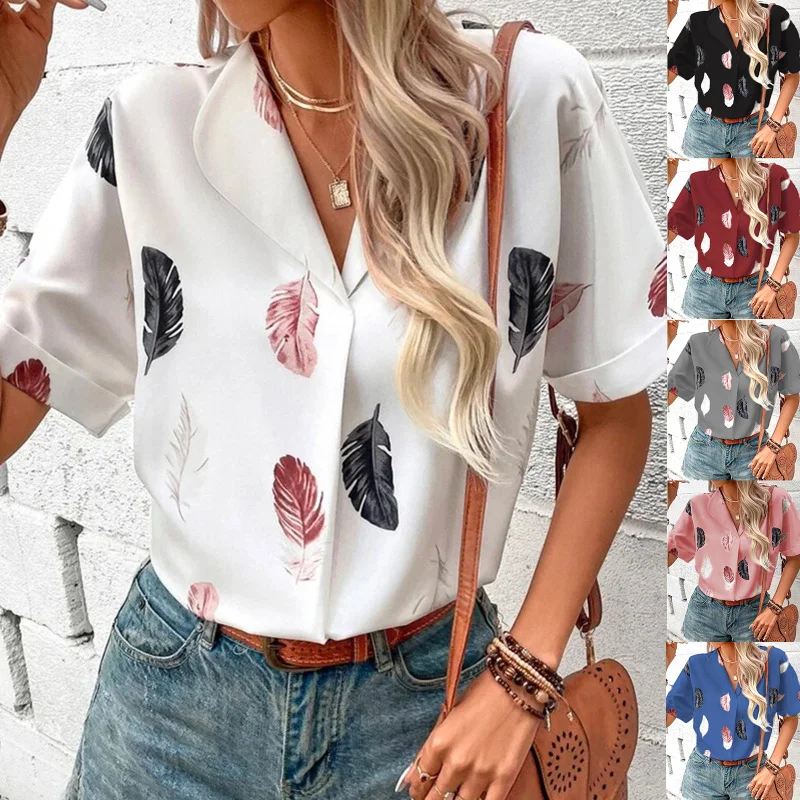 Summer Casual Women'S Lapel Feather Print Short Sleeve Shirt Office Chic Blouse Vintage Polka Blouse