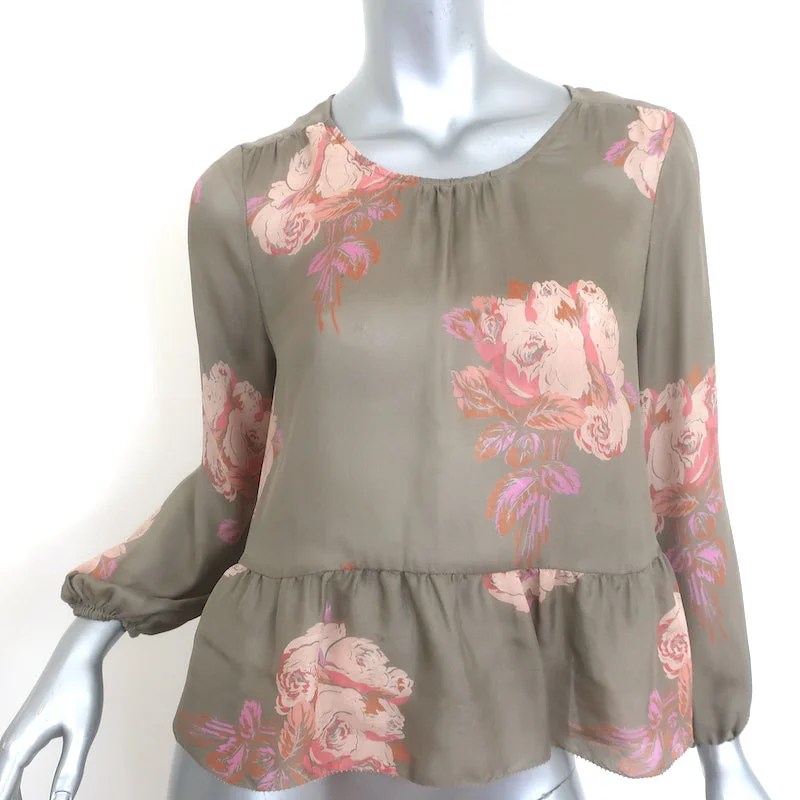 THE GREAT Peplum Blouse Taupe Floral Print Silk Size 0 Subtle Shimmer Blouse