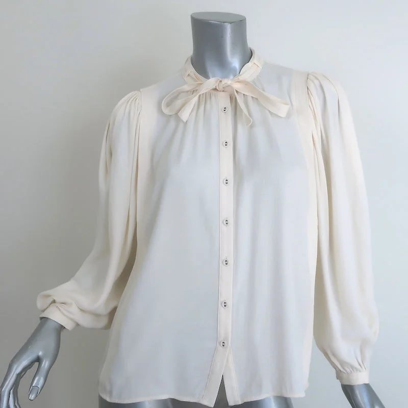 Ulla Johnson Clemens Tie-Neck Blouse Cream Crepe Size 2 Long Sleeve Top Airy Cotton Blouse