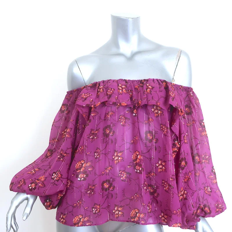 Ulla Johnson Coline Off the Shoulder Blouse Magenta Metallic Floral Print Size 0 Romantic Lace Blouse