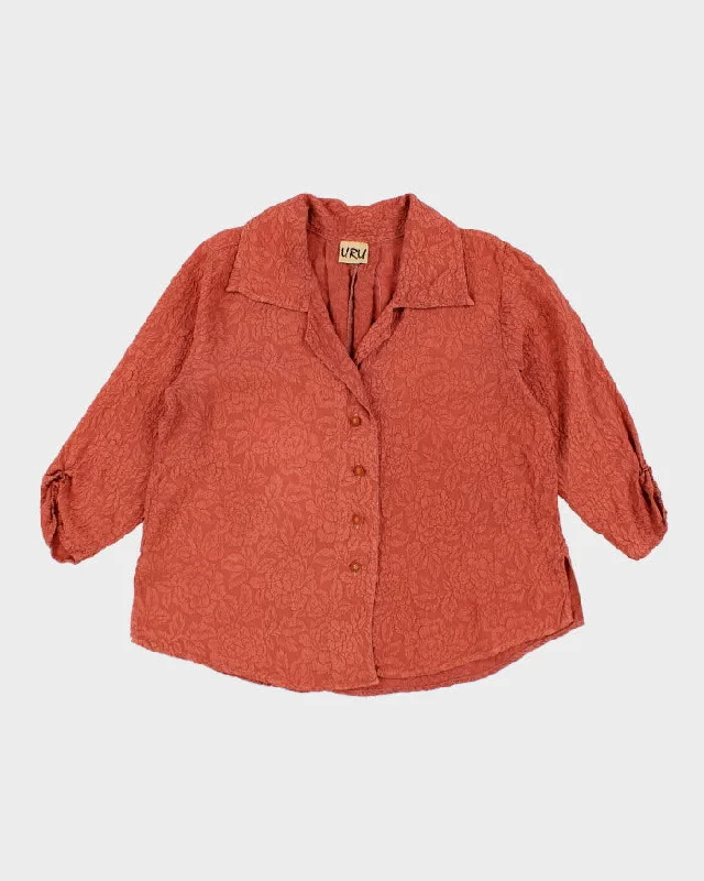 Uru Burnt Orange Silk Floral Textured Blouse - L Elegant Embroidery Blouse