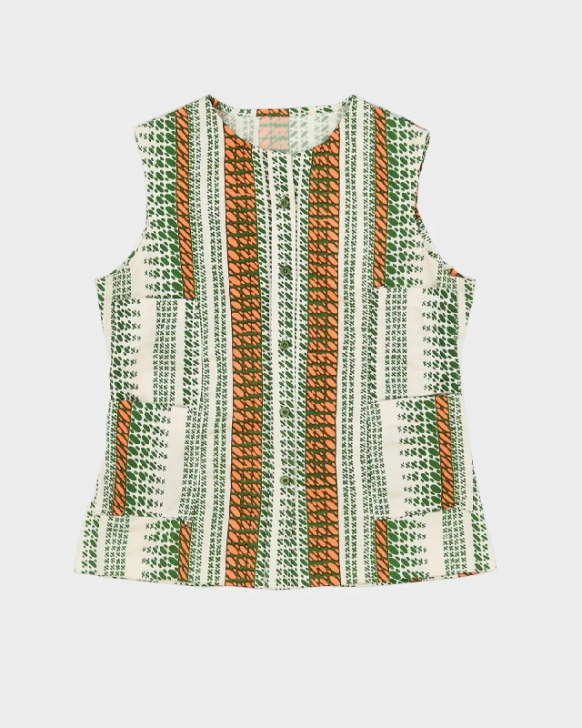 Vintage 1970s Pink and Green Spotted Sleeveless Blouse - M Embellished Collar Blouse
