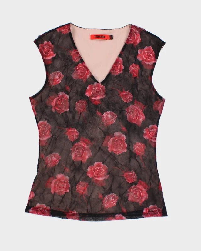 Vintage 90s/00s Tension Rose Patterned Mesh Blouse - XS Stylish Wrap Blouse