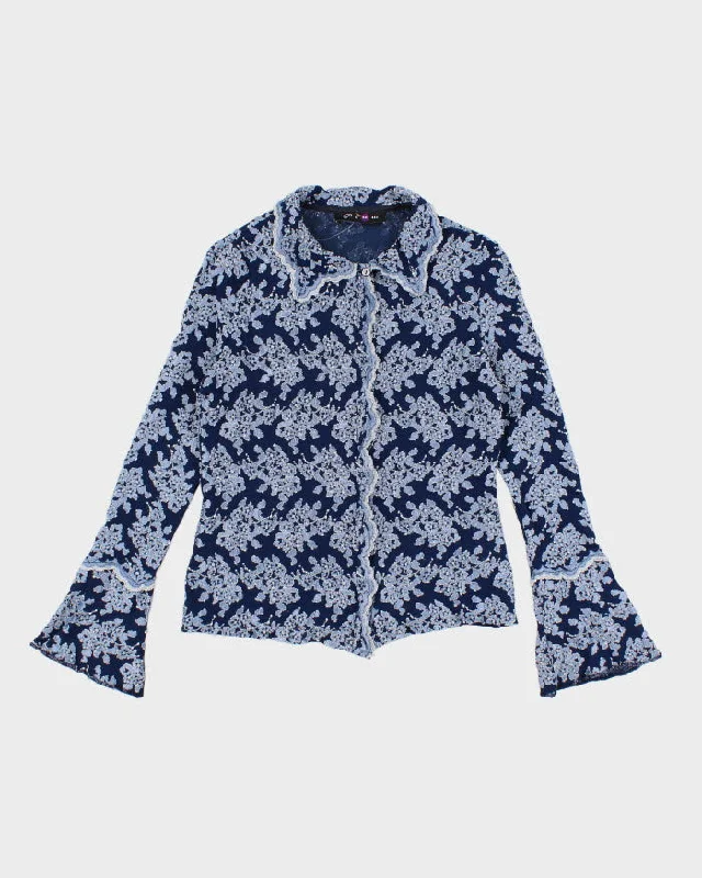 Vintage 90s Darling Textured Floral Collared Blouse - M Bell Sleeve Blouse