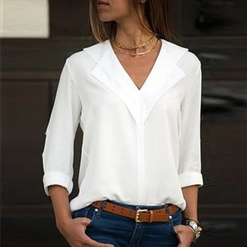 White Blouse Long Sleeve Leisure Blouse Double V Sheer Sleeve Blouse