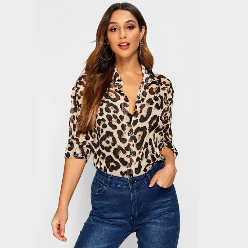 Women Blouses Sexy Long Sleeve Leopard Silky Tunic Blouse